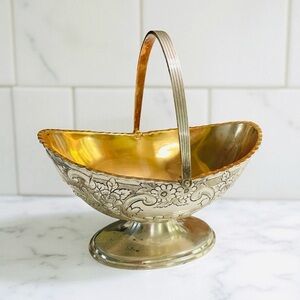 Corbell And Co. Silver Plate oval small Wedding Basket with Handle Gold Wash VTG